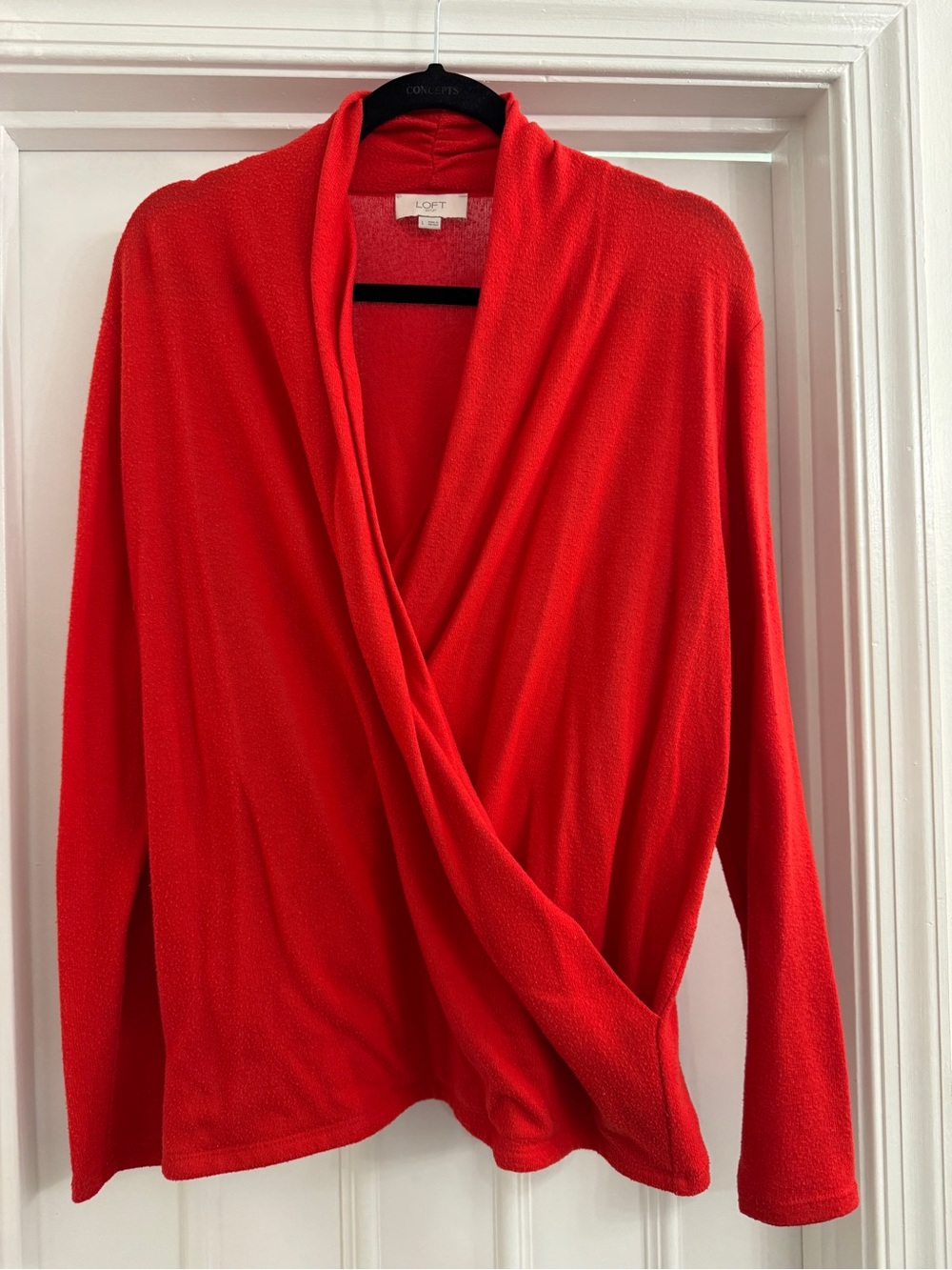 LOFT Red Draped Crossover Open-Front Cardigan